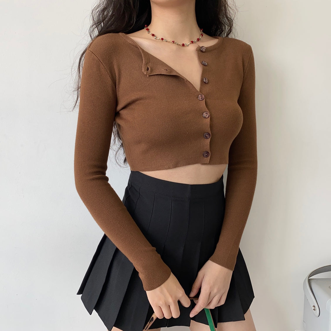 Brown Knitted Cropped Cardigan