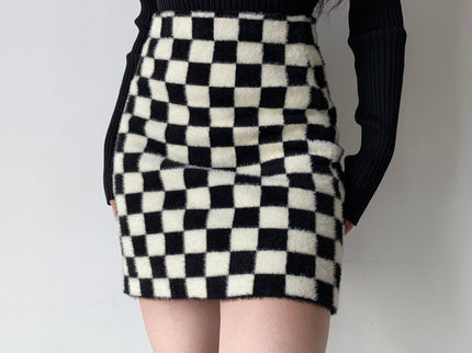 Black and White Checkerboard Velvet Knit Skirt