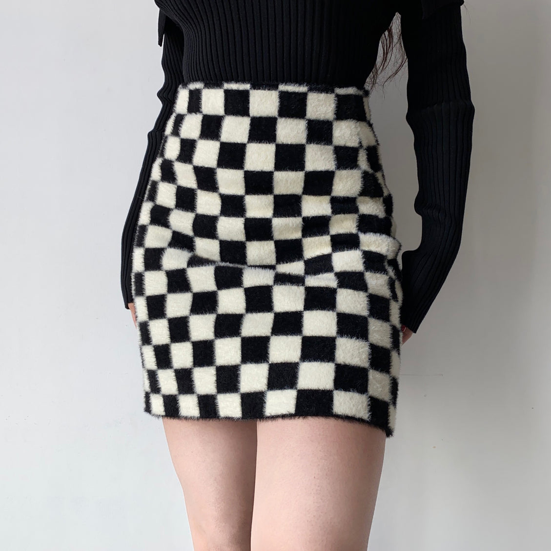 Black and White Checkerboard Velvet Knit Skirt