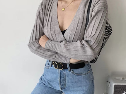 V-Neck Knitted Grey Cardigan
