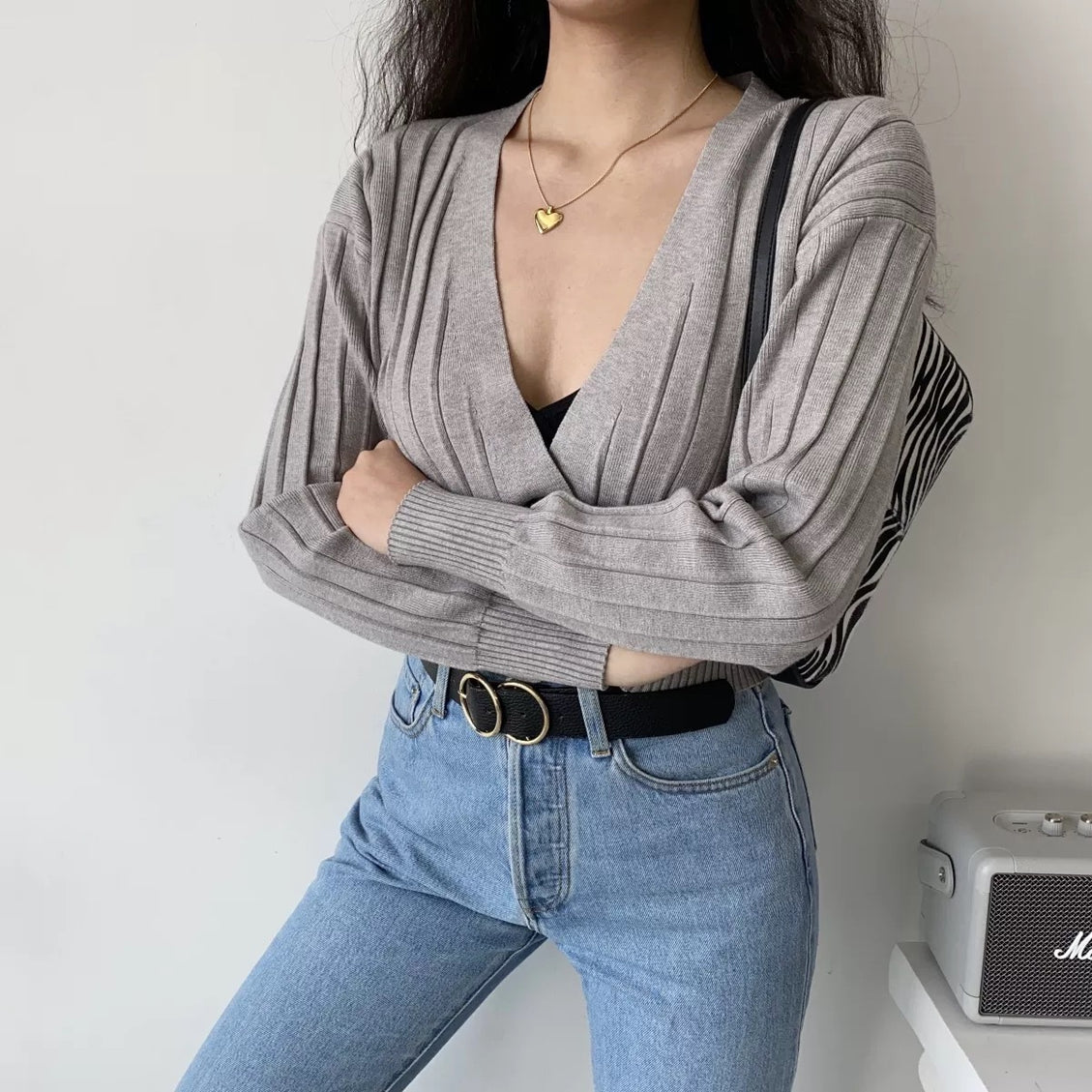 V-Neck Knitted Grey Cardigan