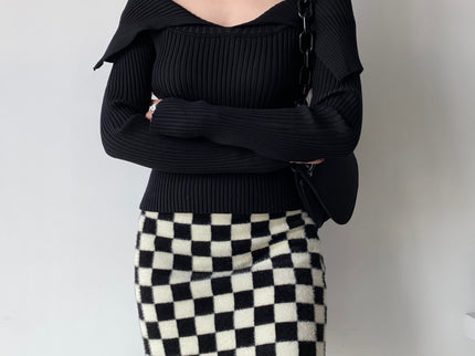 Black and White Checkerboard Velvet Knit Skirt