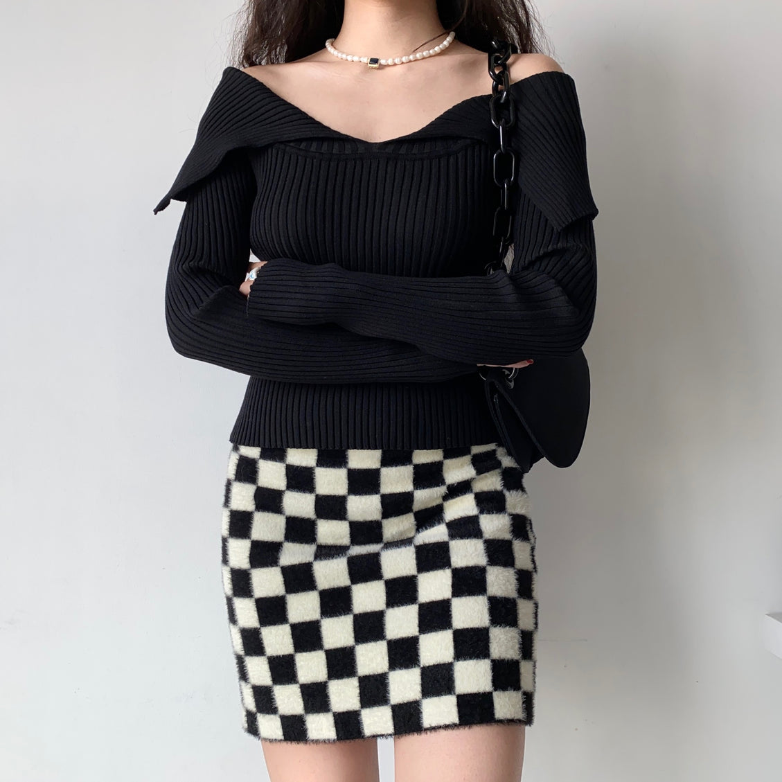 Black and White Checkerboard Velvet Knit Skirt