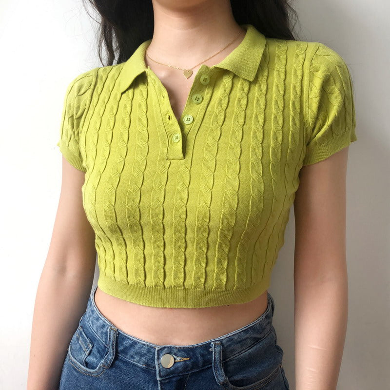 Pistachio Knitted Crop Top Polo