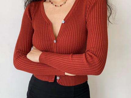 Brick Red V-Neck Cardigan