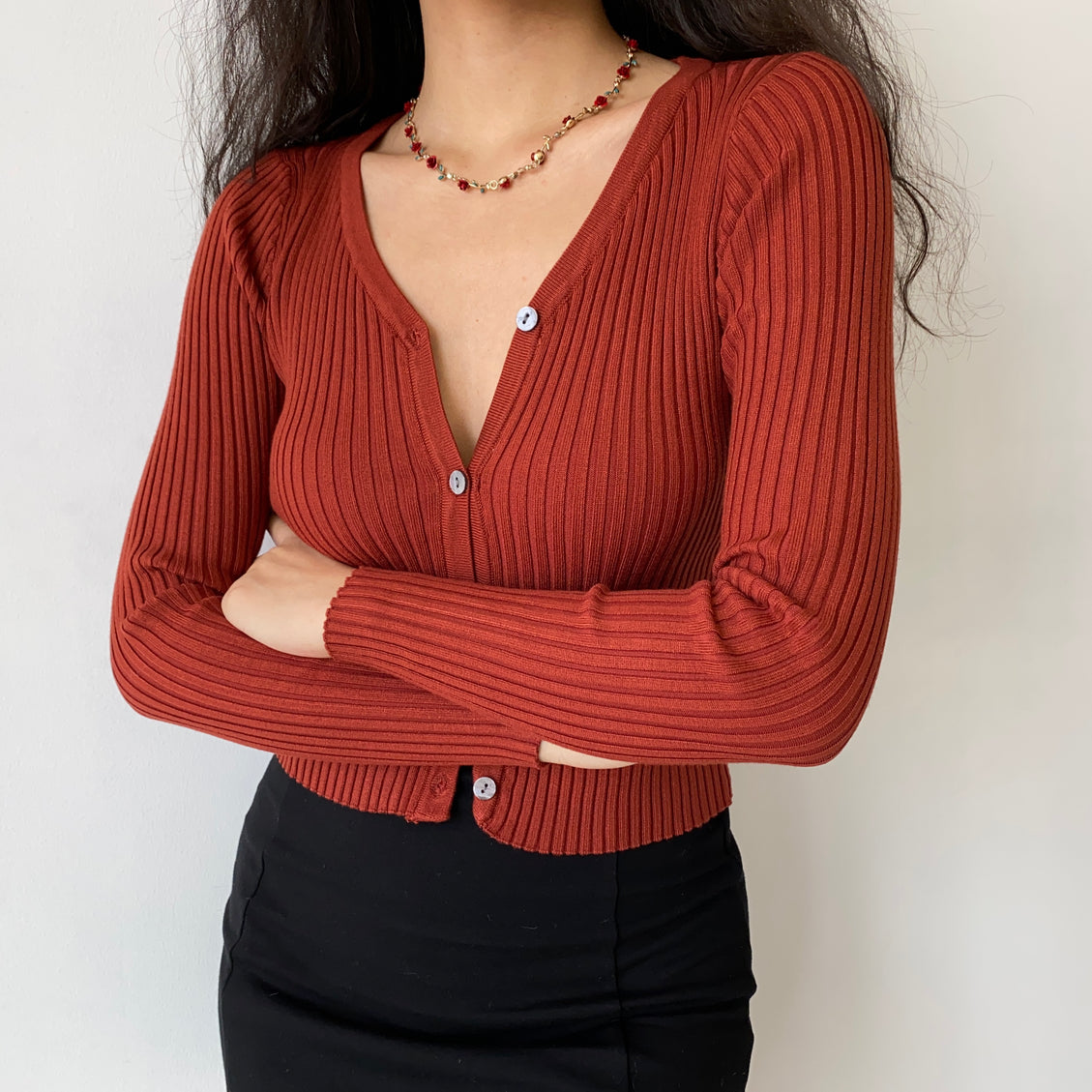 Brick Red V-Neck Cardigan