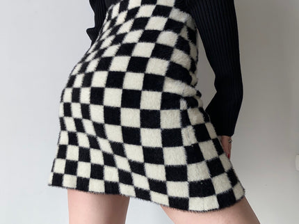 Black and White Checkerboard Velvet Knit Skirt