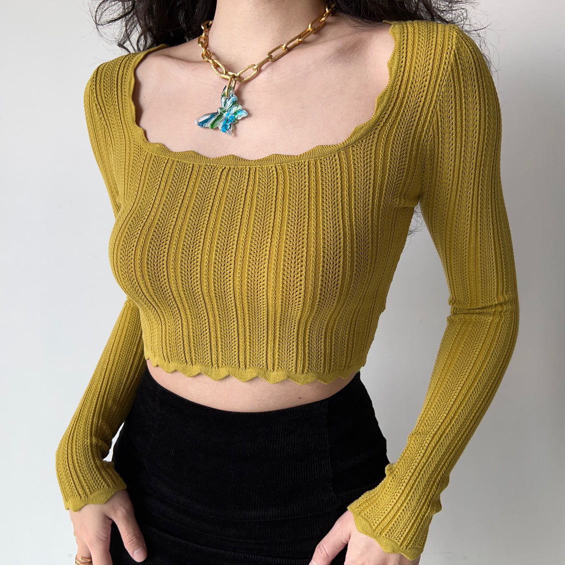 Wavy Square Neck Knit Crop Top