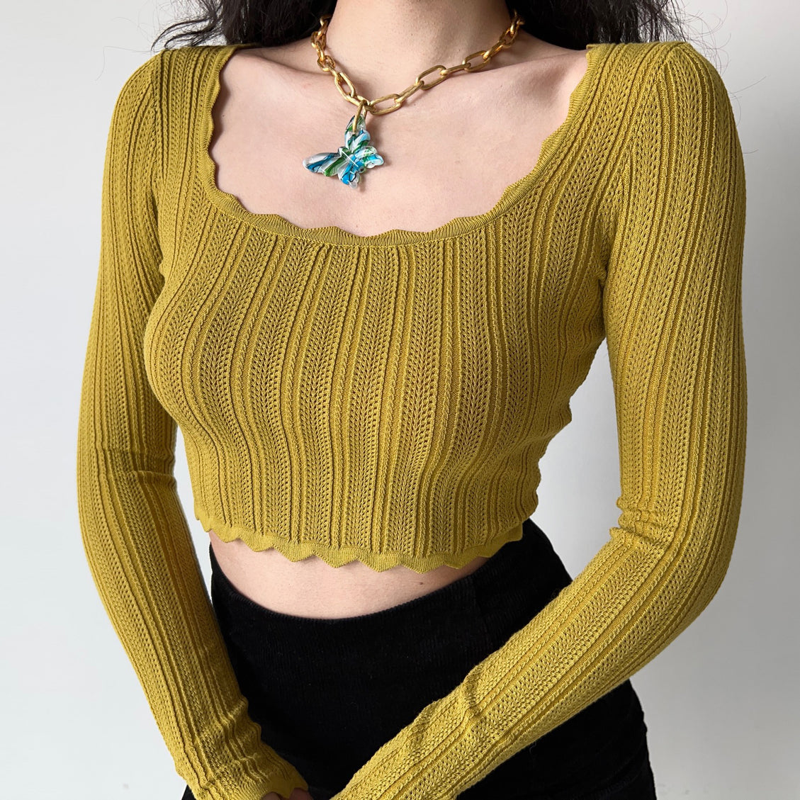 Wavy Square Neck Knit Crop Top