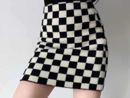 Black and White Checkerboard Velvet Knit Skirt