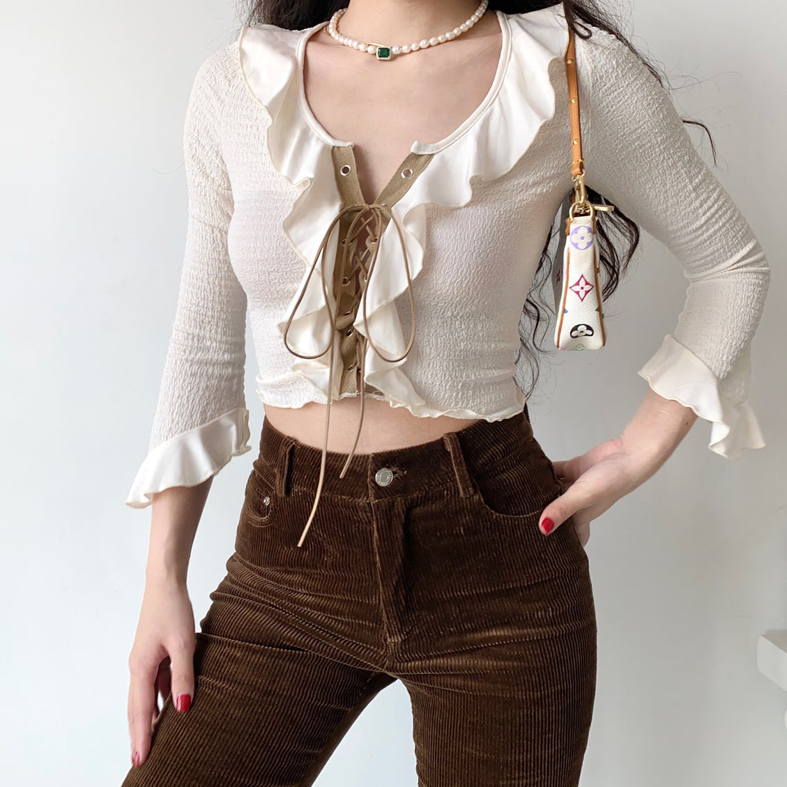 Ruffled Lace-up Crop Top