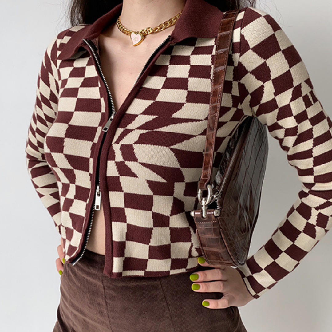 Brown Plaid Knitted Cardigan