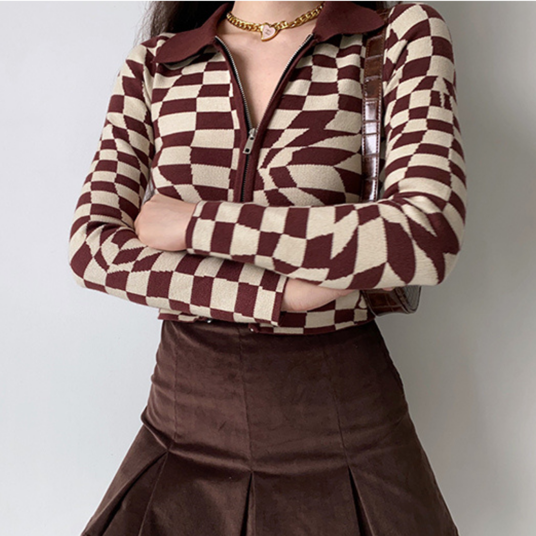 Brown Plaid Knitted Cardigan