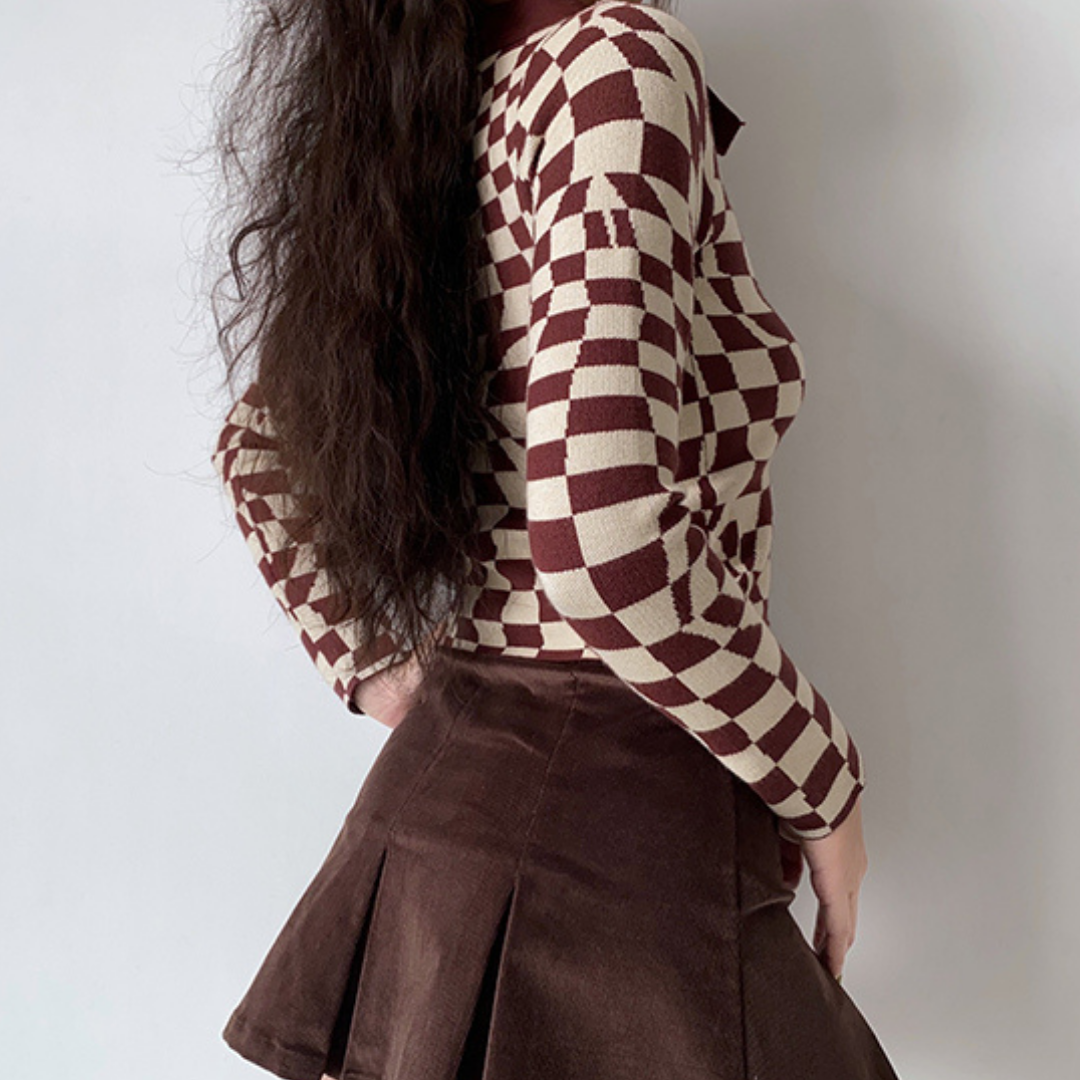 Brown Plaid Knitted Cardigan