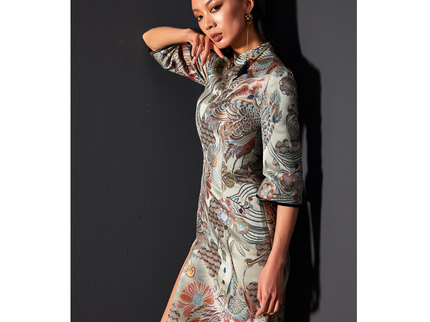 Crane Jacquard Sexy Front Slit Slim Qipao Dress