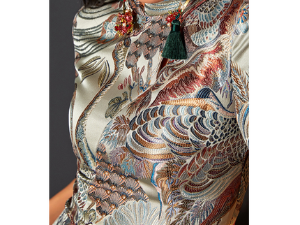 Crane Jacquard Sexy Front Slit Slim Qipao Dress