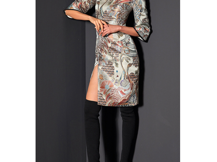 Crane Jacquard Sexy Front Slit Slim Qipao Dress