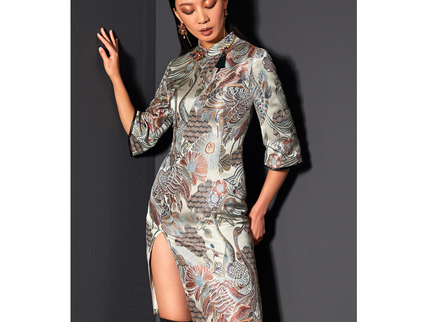 Crane Jacquard Sexy Front Slit Slim Qipao Dress