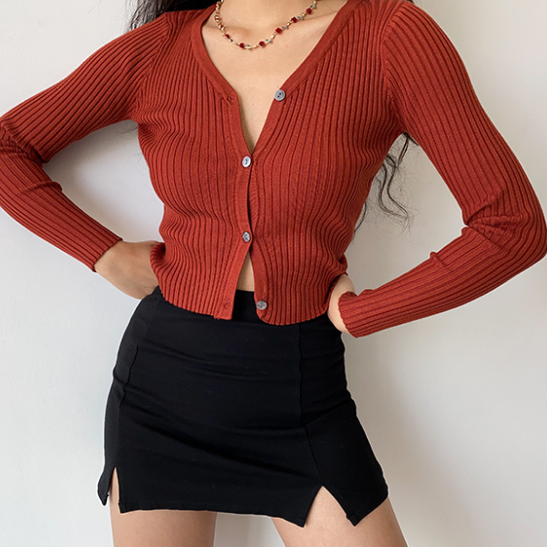 Brick Red V-Neck Cardigan