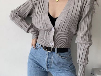 V-Neck Knitted Grey Cardigan