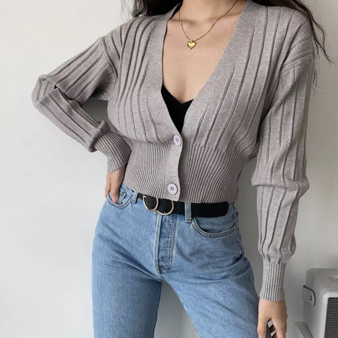 V-Neck Knitted Grey Cardigan