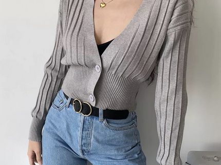 V-Neck Knitted Grey Cardigan