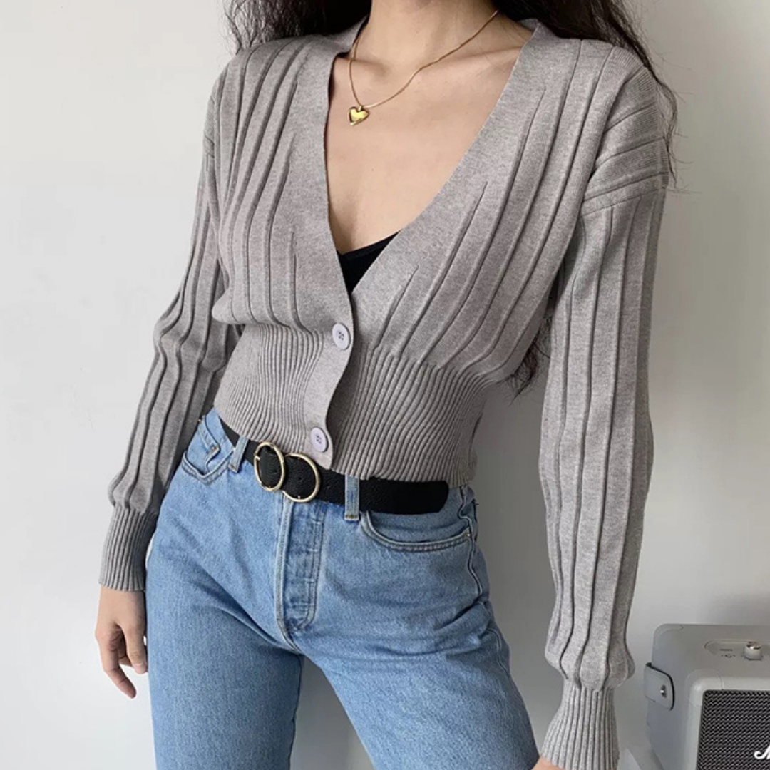 V-Neck Knitted Grey Cardigan