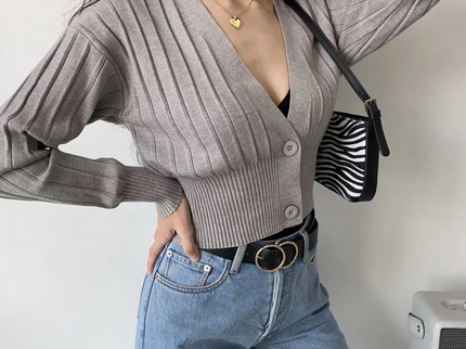 V-Neck Knitted Grey Cardigan
