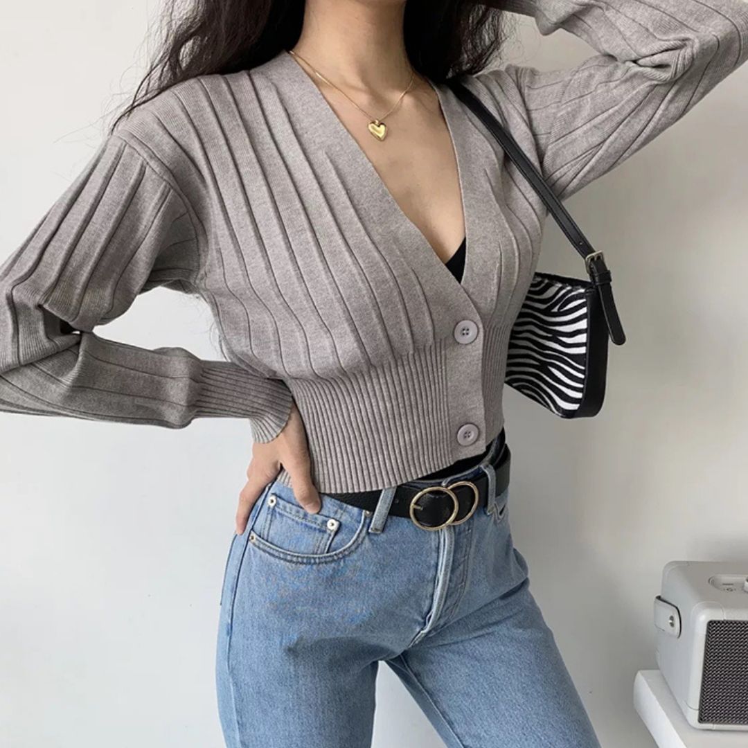 V-Neck Knitted Grey Cardigan
