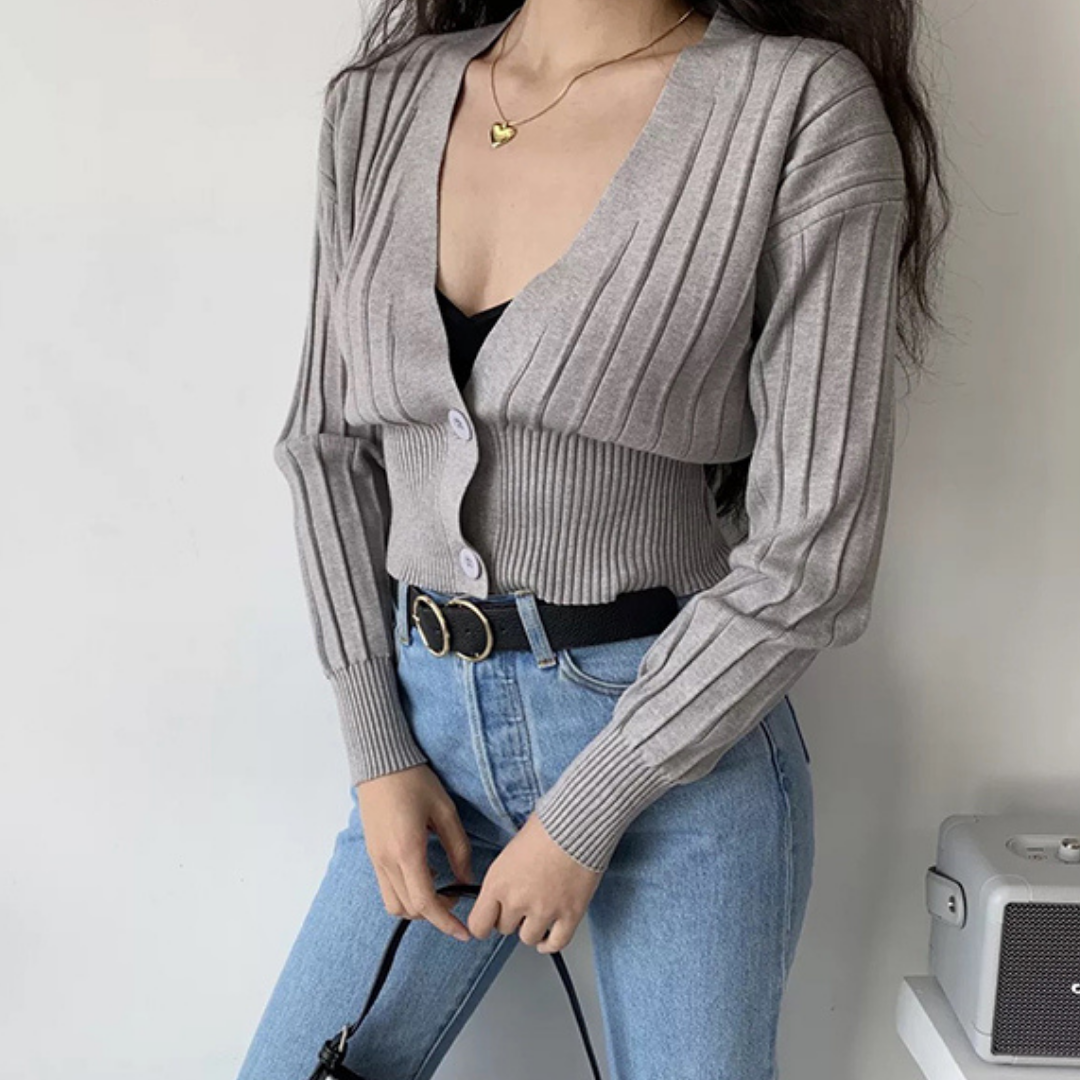 V-Neck Knitted Grey Cardigan