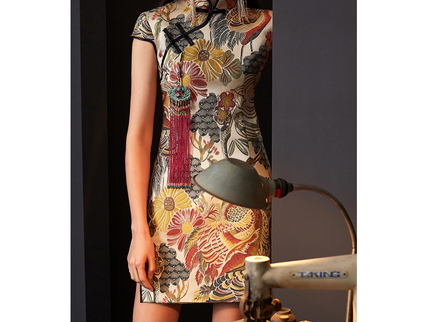 Crane Golden Satin Jacquard Qipao