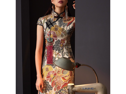 Crane Golden Satin Jacquard Qipao
