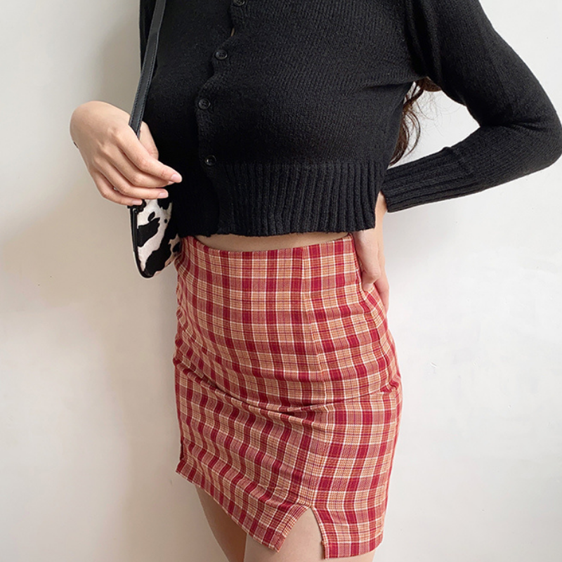 High Waist Red tartan Mini Skirt